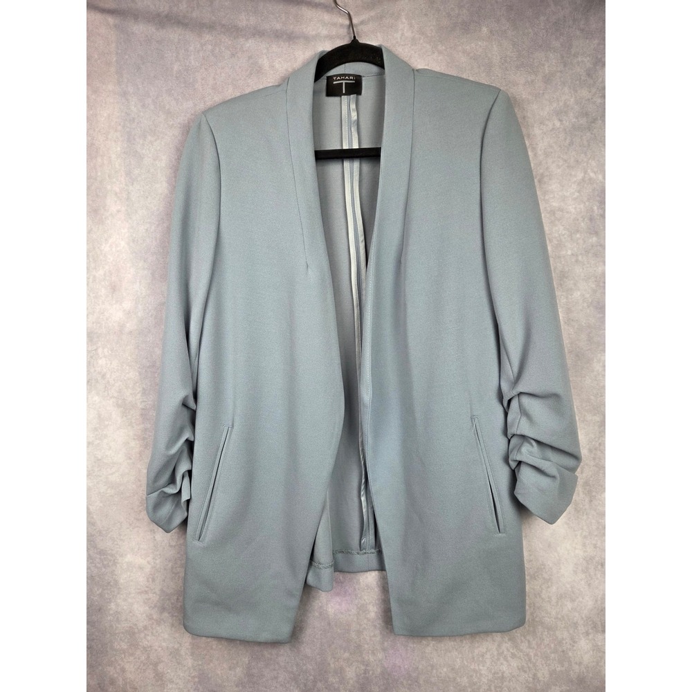 Tahari Ruched Sleeve Open Front Blazer Womens Slate Blue Lined Career Wear M